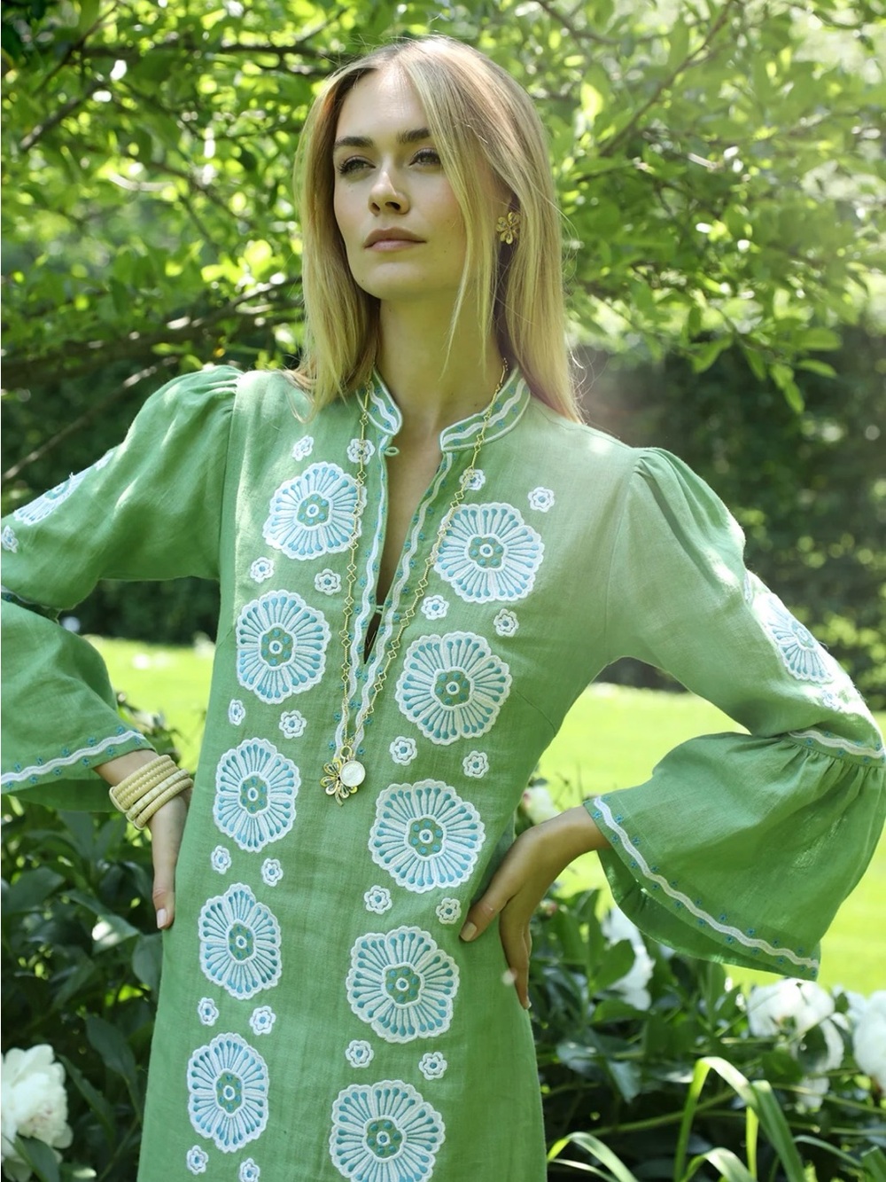 Green Embroidered Maxi Dress with Bell Sleeves